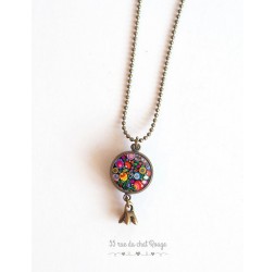 Long necklace, pendant dual cabochon Russian Foklore, floral multicolor