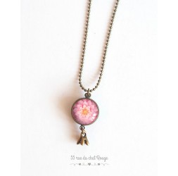 Long necklace, pendant dual cabochon rose blooming dahlia