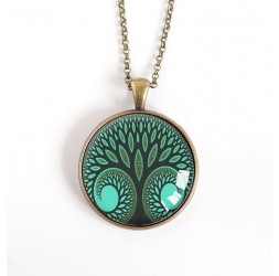 cabochon pendant necklace, Tree of Life, green duck, bronze