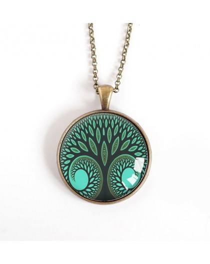 Cabochon Halskette, Baum des Lebens, grüne Ente, Bronze