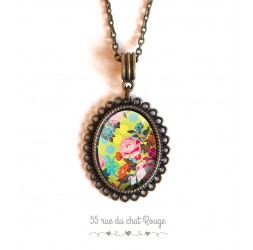 cabochon pendant necklace, Japan flowers, yellow, green and pink, bronze