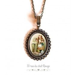 cabochon pendant necklace Alice in Wonderland vintage bronze