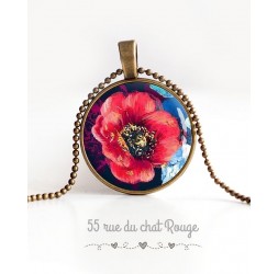cabochon pendant necklace, large red poppy blossomed, midnight blue, bronze