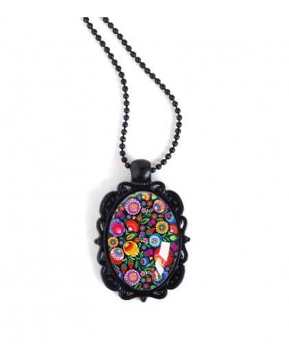 Black Pendant Necklace, oval cabochon, flowery, ruesse folklore, colorful, black