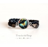 Pulsera doble vuelta negra, cabujón mariposa turquesa negro