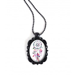 Schwarz-hängende Halskette, ovaler Cabochon, Traumfänger, rosa Farbtöne und fuchsia, schwarz