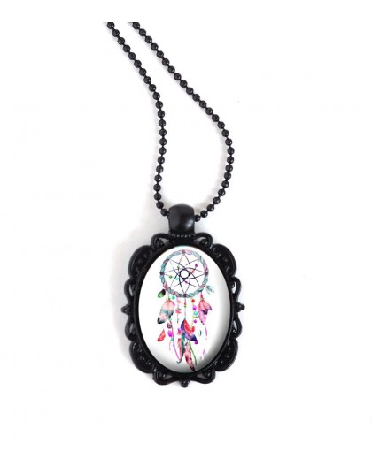 Schwarz-hängende Halskette, ovaler Cabochon, Traumfänger, rosa Farbtöne und fuchsia, schwarz