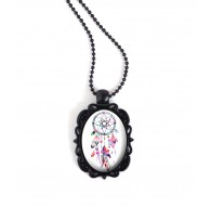 Nera collana ciondolo, cabochon ovale, Dreamcatcher, tonalità di colore rosa e fucsia, nero