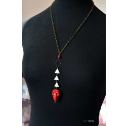 Mid-length necklace, pearl pendant red skull, bronze