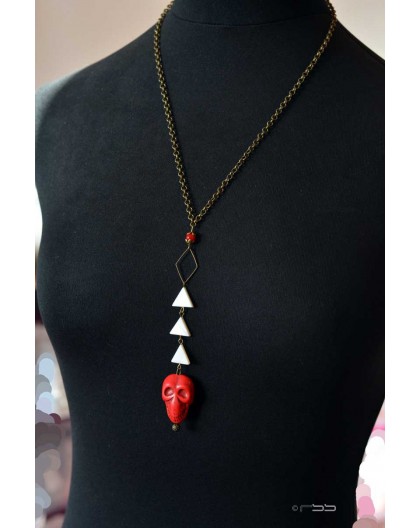 Mittellange Halskette, Perle Anhänger rote Schädel, Bronze