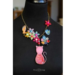 Multicolor Halskette, Rote Katze, Blume, Vogel, Fisch, Fimo