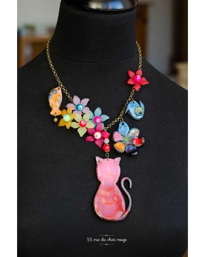 Multicolor necklace, Red Cat, Flower, Bird, Fish, Fimo