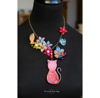 Collier multicouleur, le Chat rouge, Fleur, oiseau, poisson, en Fimo