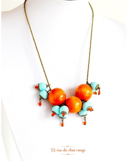 Collier cluster, legno d'arancio, morbido perla blu, bronzo