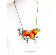 Collier cluster, orange wood, soft blue pearl, bronze