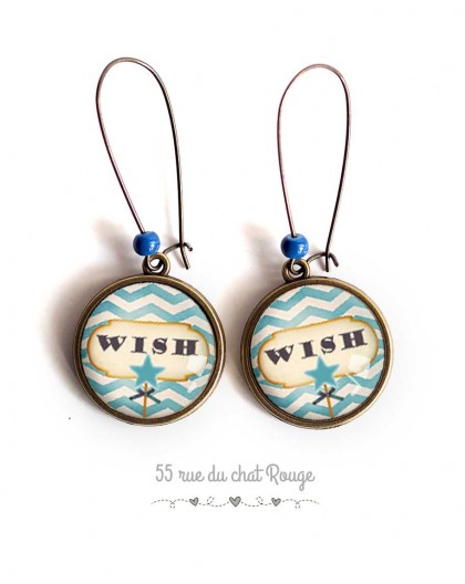 Boucles d'oreilles, Chevrons bleus, Message "Wish", beige, bronze
