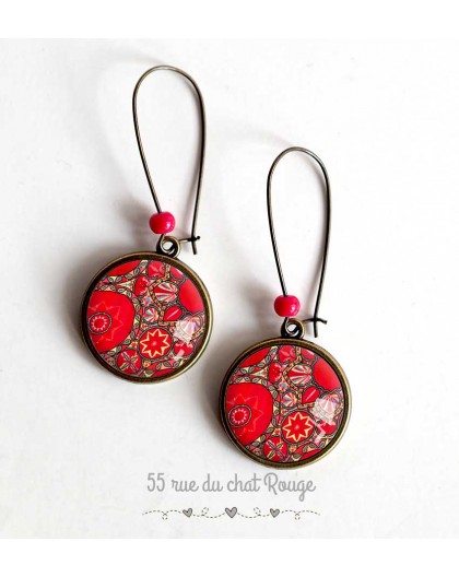 Earrings, Mexican folklore, floral, red flowers, pink, bronze