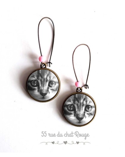 Earrings, Small cat, black and white, bronze