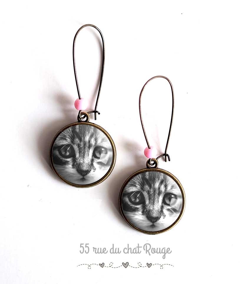 Boucles D Oreilles Petit Chat Noir Et Blanc Bronze