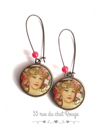 Earrings, Art of Painting Muchas Alfonse, Female, pink and beige, bronze