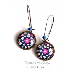 Boucles d'oreilles, Petites fleurs rose et fushia, bleu marine, bronze