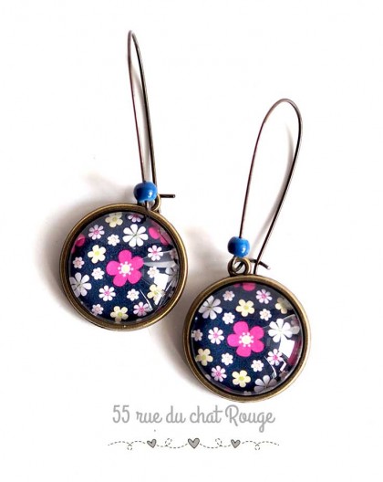 Boucles d'oreilles, Petites fleurs rose et fushia, bleu marine, bronze
