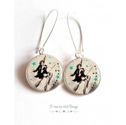 Earrings, Pin-up 60 years, black and white, cabochon epoxy resin