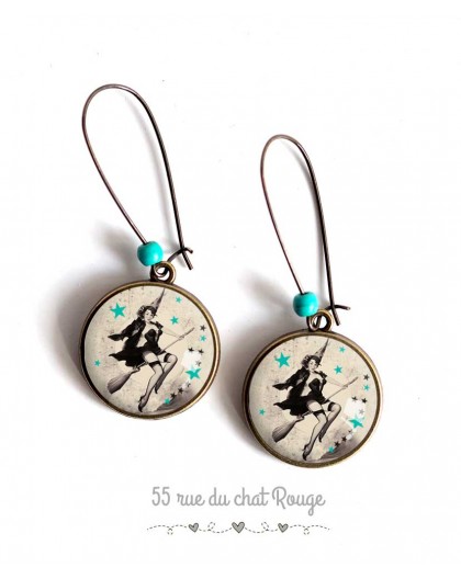 Earrings, Pin-up 60 years, black and white, turquoise stars, bronze