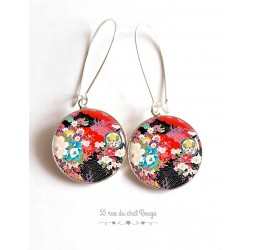 Boucles d'oreilles, motif Japonais, floral, rouge et noir, cabochon résine époxy