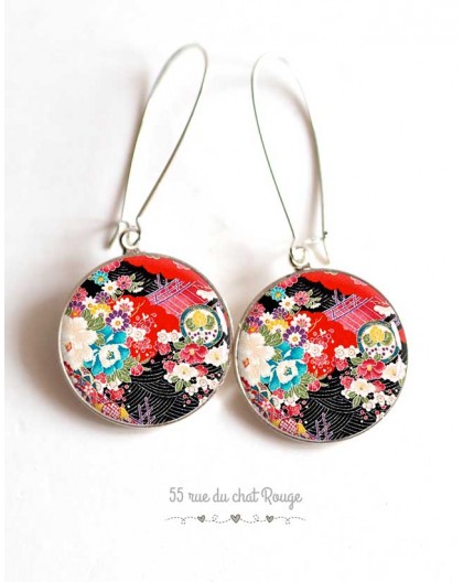 Boucles d'oreilles, motif Japonais, floral, rouge et noir, cabochon résine époxy