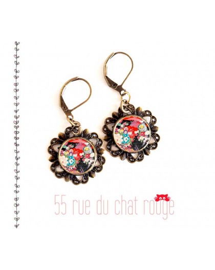 Earrings, Japanese pattern, floral, red and black, retro look bronze