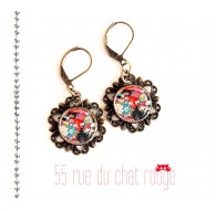 Pendientes, modelo japonés, floral, rojo y negro, bronce retro mirada