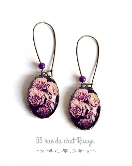 Boucles d'oreilles, Bouquet de roses, violet et noir, ovale, bronze