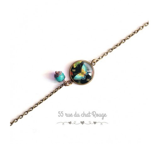 glass cabochon bracelet, Turquoise blue and orange suede leather, My little Fox