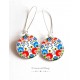 Earrings, Russian folklore inspired red and blue, floral cabochon epoxy resin