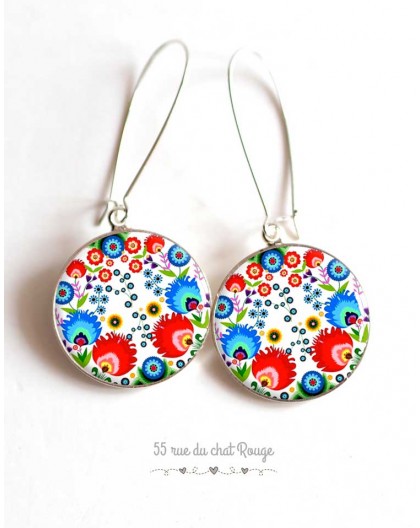Earrings, Russian folklore inspired red and blue, floral cabochon epoxy resin