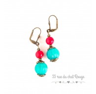 Boucles d'oreilles pendant, perle indienne, turquoise et rouge, bronze