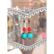 Boucles d'oreilles pendant, perle indienne, turquoise et rouge, bronze
