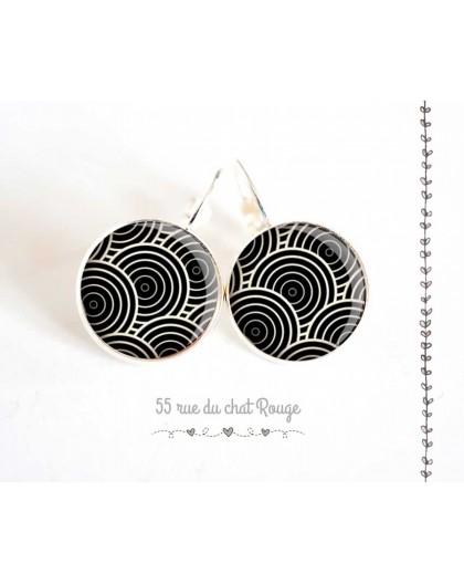 Earrings, seigaiha black and white, mind Japan, silver, woman's jewelry