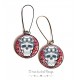 Earrings, Gothic Ghost skull, pattern floral fuchsia cabochon epoxy resin, bronze
