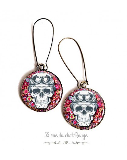 Earrings, Gothic Ghost skull, pattern floral fuchsia cabochon epoxy resin, bronze