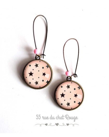 Boucles d'oreilles, Petites étoiles, fond rose, bijoux pour femme, bronze