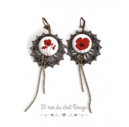 Earrings, Long for, pretty red and white poppy, jewelery for women, bronze