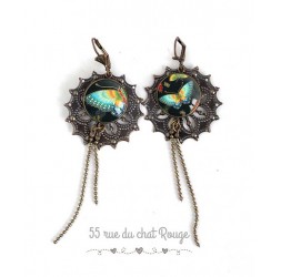 Earrings, Long for, turquoise asymmetric Butterfly, jewelry for women bronze