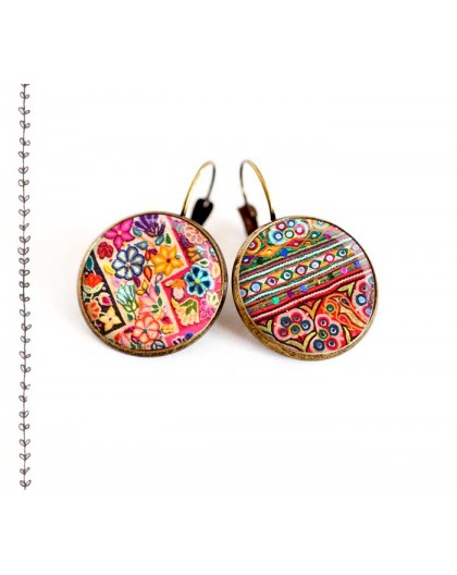 Boucles d'oreilles, Patchwork de couleur,  esprit folklore ethnique, bijoux pour femme, bronze