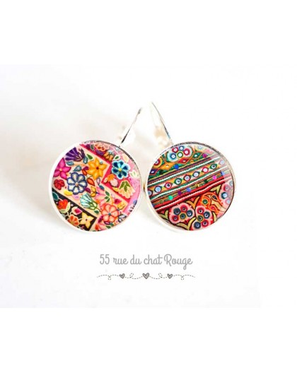Earrings, colored patchwork ethnic folklore spirit, jewelery for women, silver