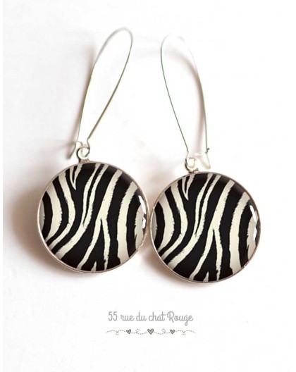 Earrings, Animal skin, zebra, black and white, epoxy resin, silver
