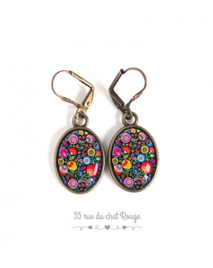 Earrings, oval, floral illustration, multicolor, Russian folklore, jewelry for women bronze